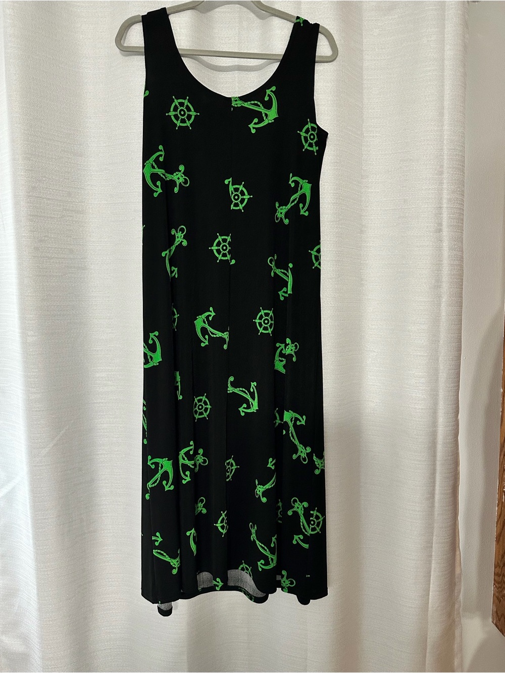 Sleeveless Black Maxi Dress with Neon Green Anchor Print